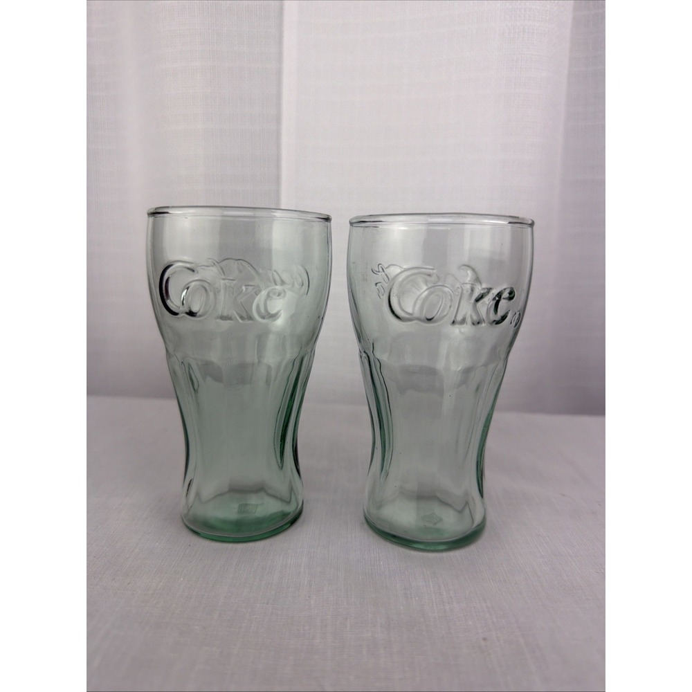 Mini Coca Cola Glasses Set Of 2 Green Stamped IG Vintage Juice Shot 4 1/2" Tall